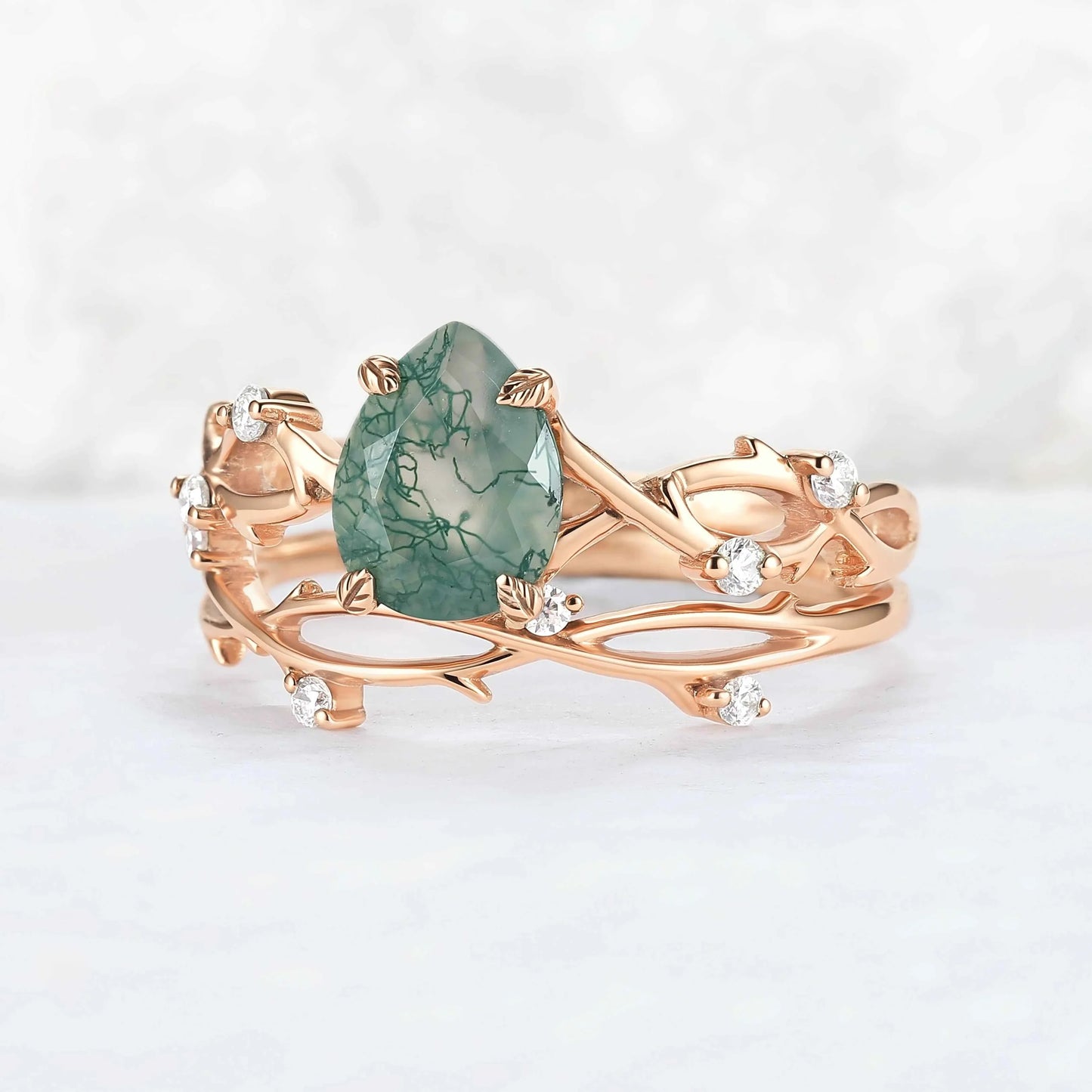 Unique Pear Cut Moss Agate Leaf and Vine Gemstone Ring Set 2pcs