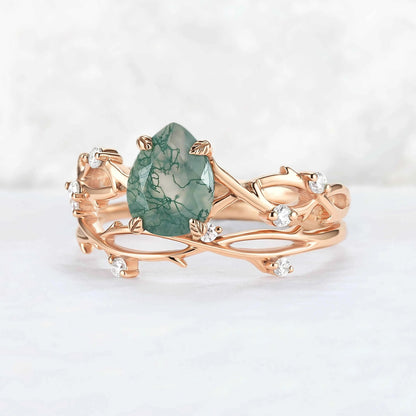 Unique Pear Cut Moss Agate Leaf and Vine Gemstone Ring Set 2pcs