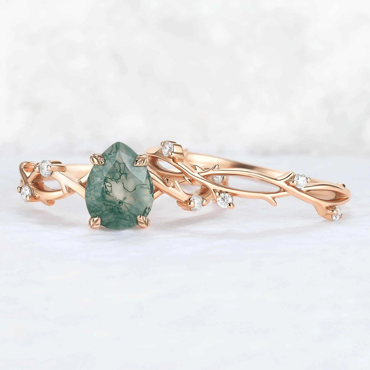 Unique Pear Cut Moss Agate Leaf and Vine Gemstone Ring Set 2pcs