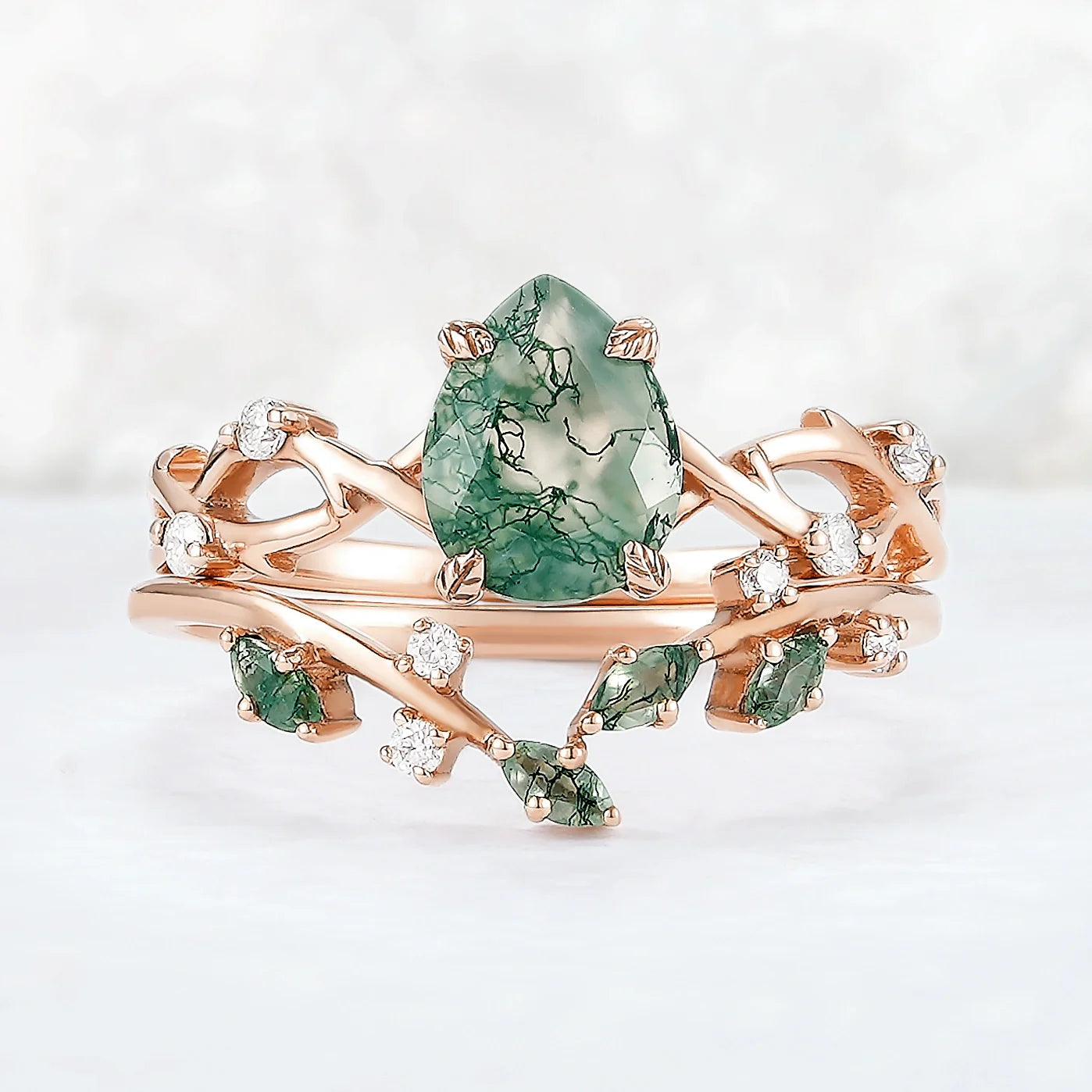 Unique Pear Cut Moss Agate Leaf and Vine Ring Set 2pcs