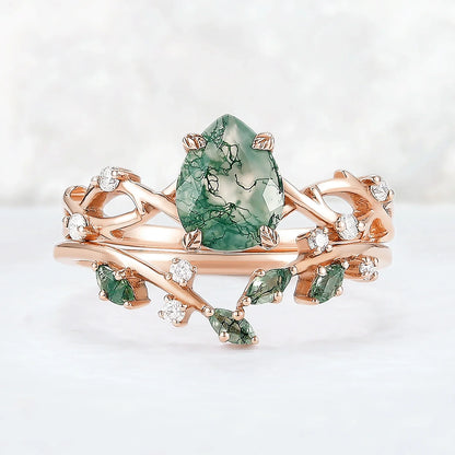 Unique Pear Cut Moss Agate Leaf and Vine Ring Set 2pcs