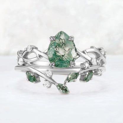 Unique Pear Cut Moss Agate Leaf and Vine Ring Set 2pcs