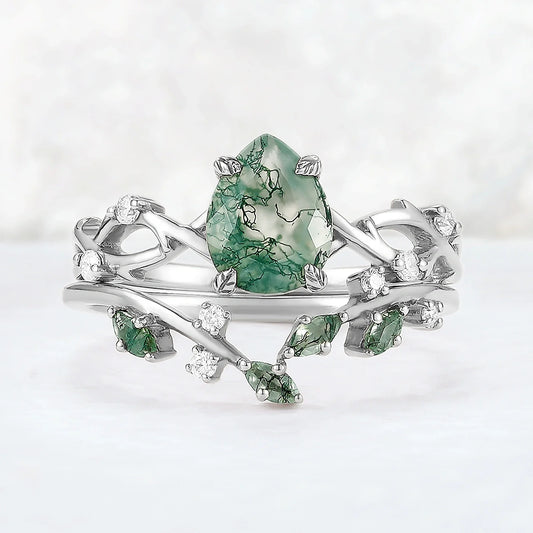 Unique Pear Cut Moss Agate Leaf and Vine Ring Set 2pcs