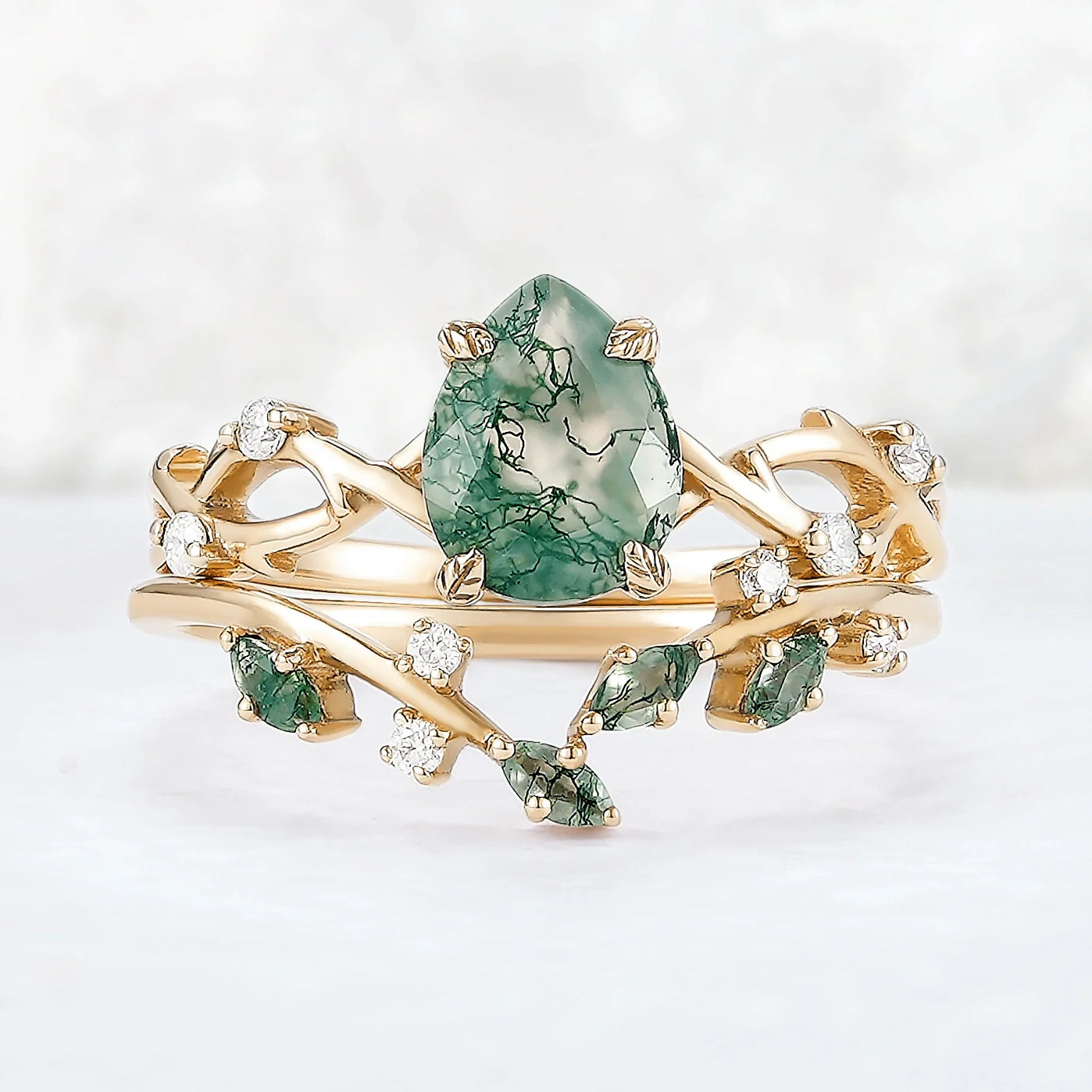 Unique Pear Cut Moss Agate Leaf and Vine Ring Set 2pcs