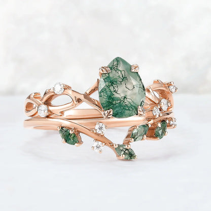 Unique Pear Cut Moss Agate Leaf and Vine Ring Set 2pcs