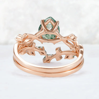 Unique Pear Cut Moss Agate Leaf and Vine Ring Set 2pcs