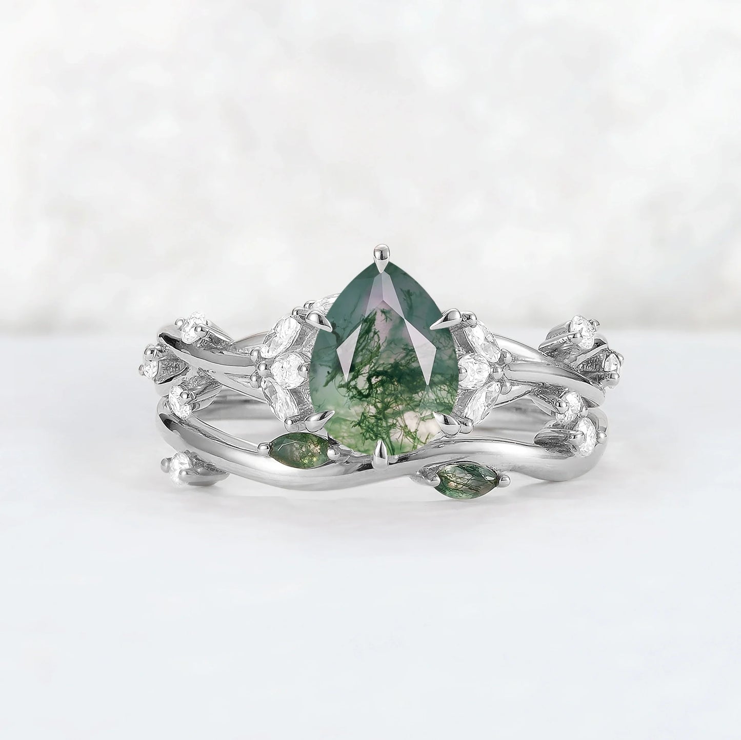 Unique Pear Cut Moss Agate Moissanite Vine Gemstone Ring Set 2pcs