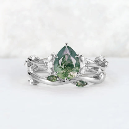 Unique Pear Cut Moss Agate Moissanite Vine Gemstone Ring Set 2pcs