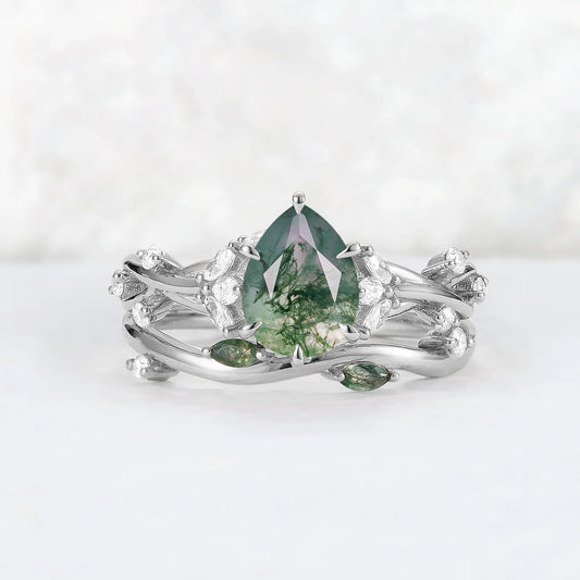 Unique Pear Cut Moss Agate Moissanite Vine Gemstone Ring Set 2pcs