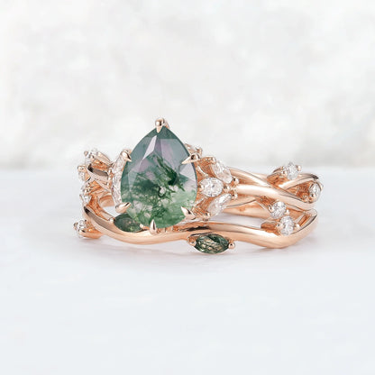 Unique Pear Cut Moss Agate Moissanite Vine Gemstone Ring Set 2pcs