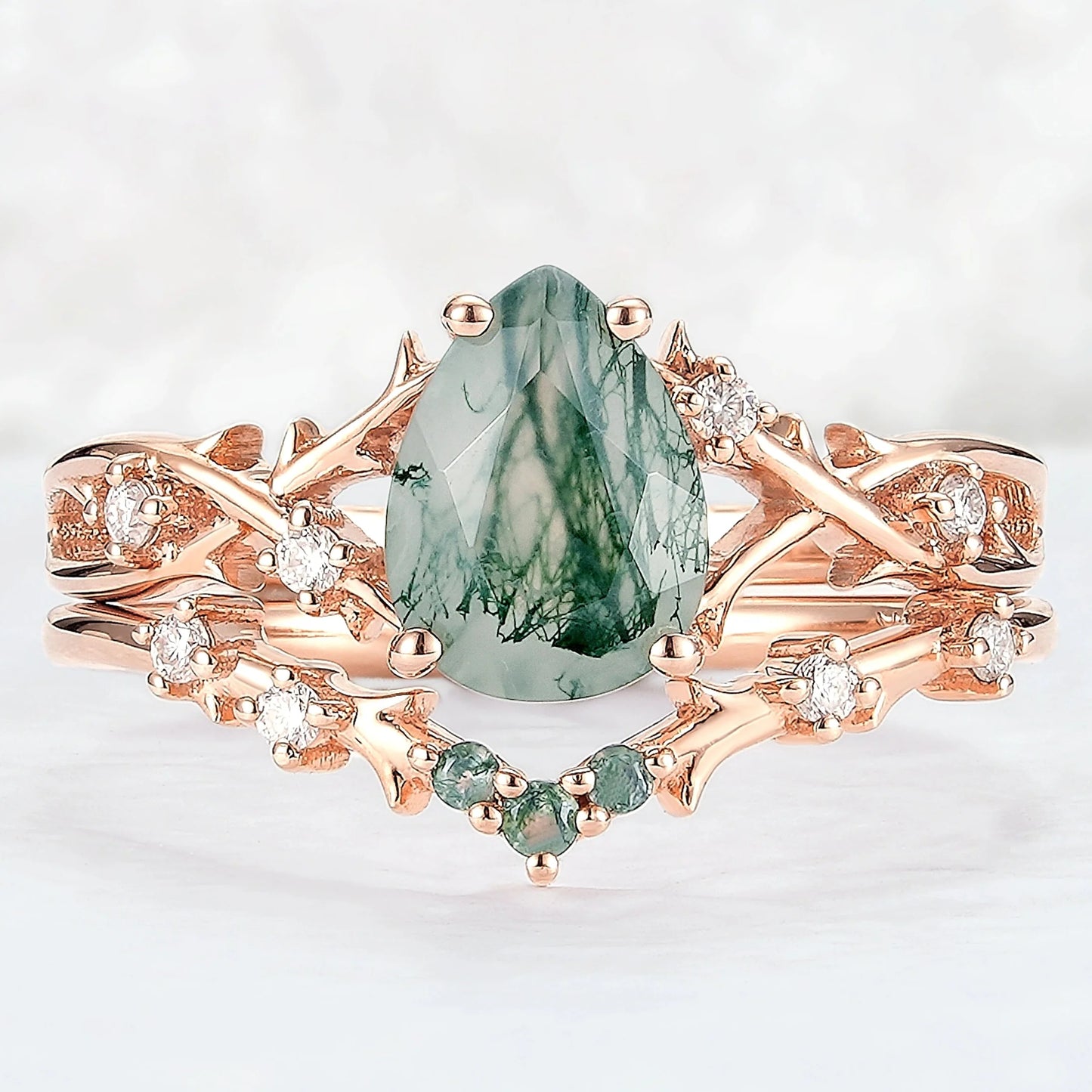 Unique Pear Cut Moss Agate Moissanite Vine Ring Set 2pcs