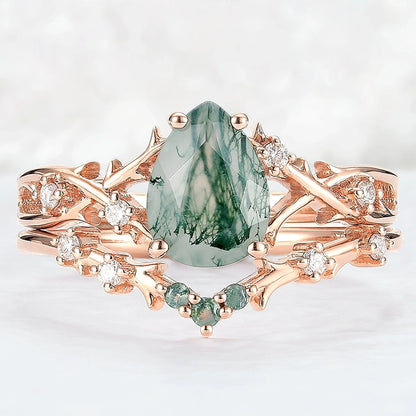 Unique Pear Cut Moss Agate Moissanite Vine Ring Set 2pcs