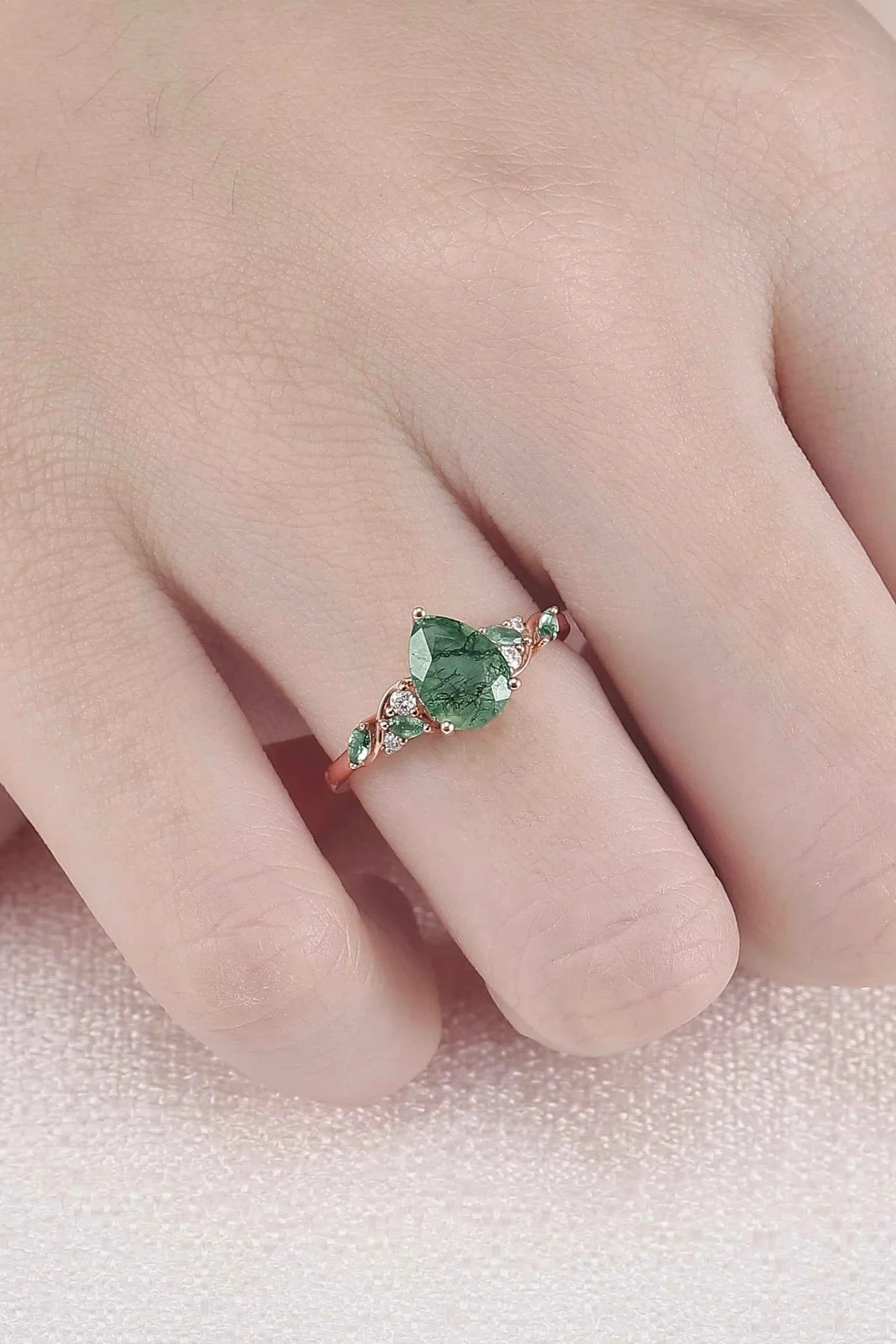 Unique Pear Cut Moss Agate Twisted Gemstone Ring Set 2pcs