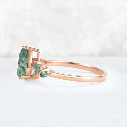 Unique Pear Cut Moss Agate Twisted Gemstone Ring