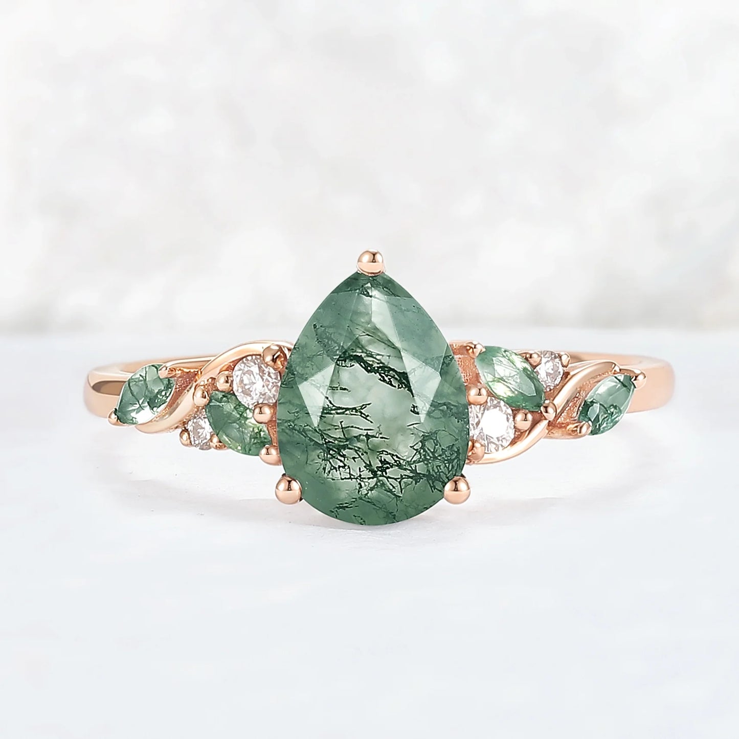 Unique Pear Cut Moss Agate Twisted Gemstone Ring