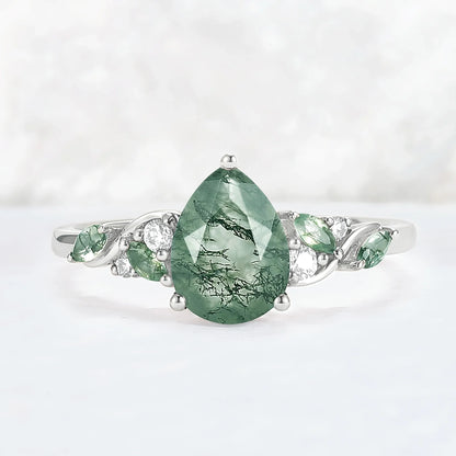 Unique Pear Cut Moss Agate Twisted Gemstone Ring