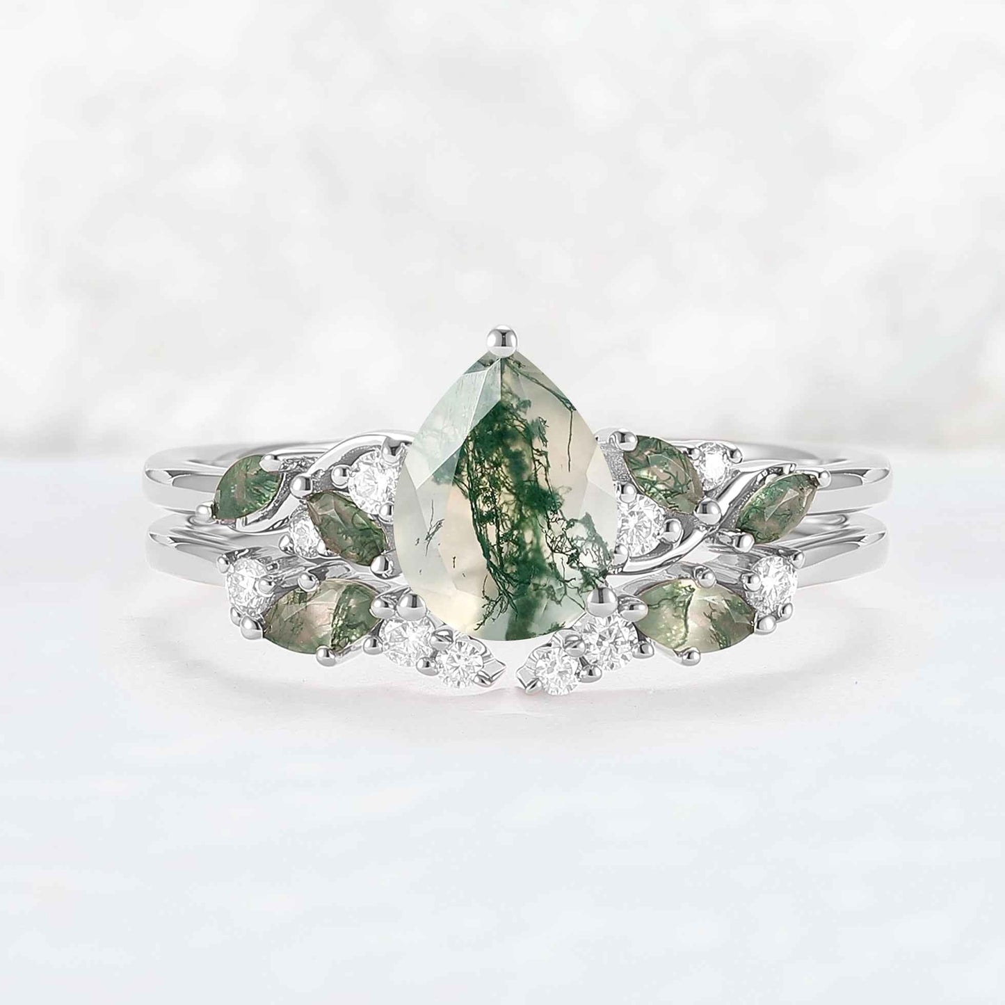 Unique Pear Cut Moss Agate Twisted Gemstone Ring Set 2pcs