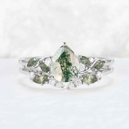 Unique Pear Cut Moss Agate Twisted Gemstone Ring Set 2pcs