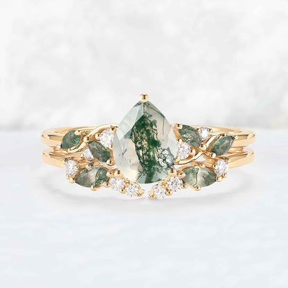 Unique Pear Cut Moss Agate Twisted Gemstone Ring Set 2pcs