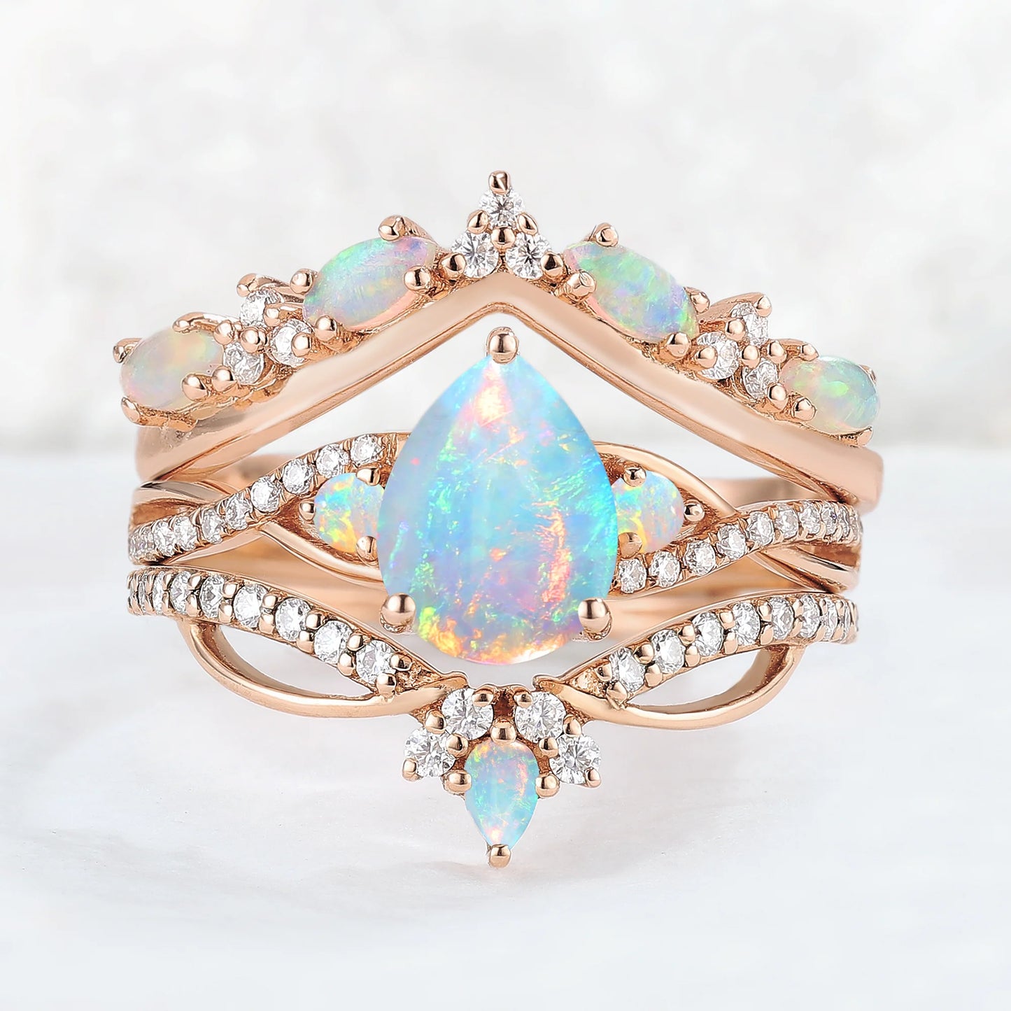 Unique Pear Cut Natural Opal Vine Ring Set 3pcs