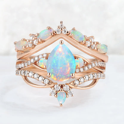 Unique Pear Cut Natural Opal Vine Ring Set 3pcs