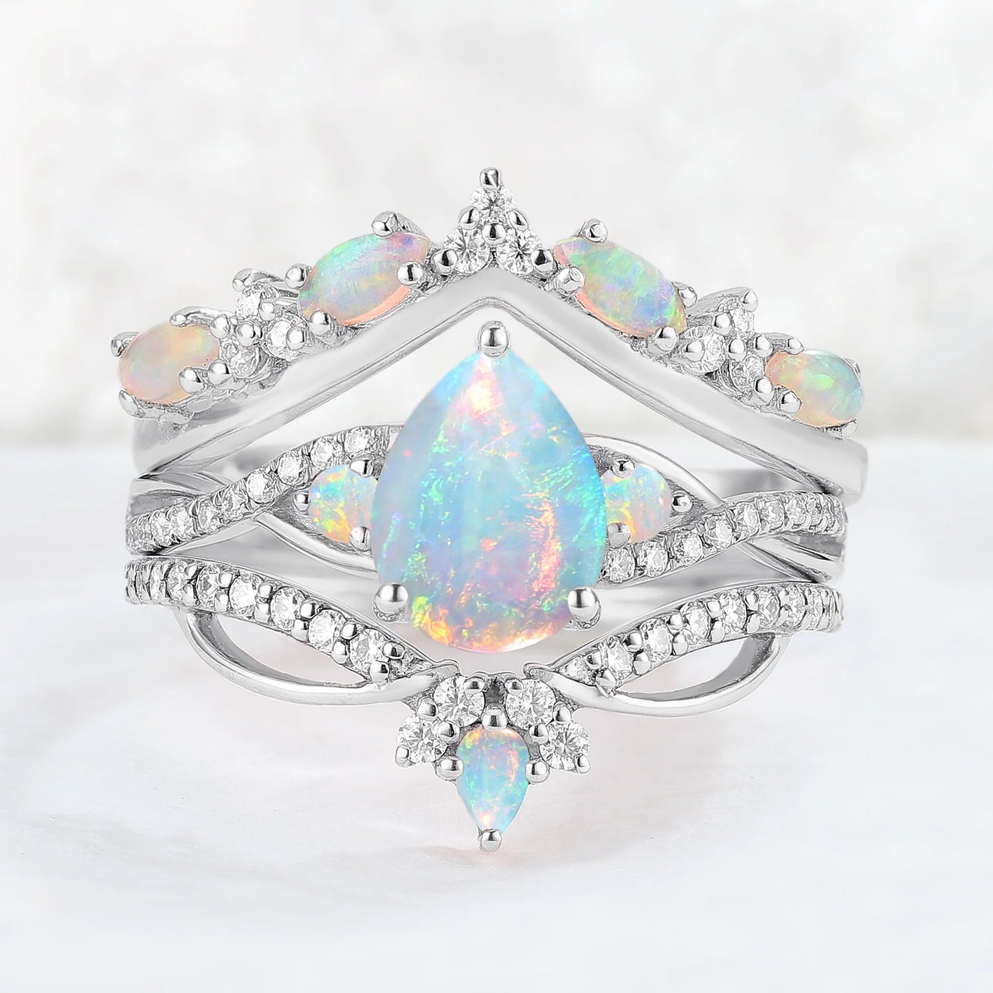Unique Pear Cut Natural Opal Vine Ring Set 3pcs