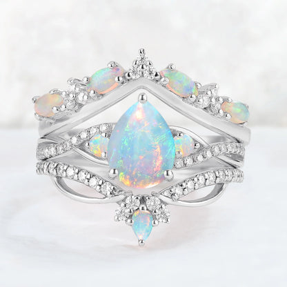 Unique Pear Cut Natural Opal Vine Ring Set 3pcs