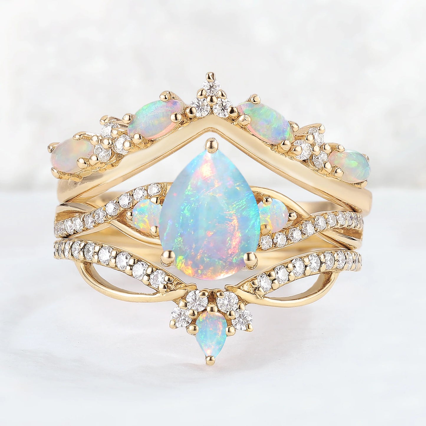 Unique Pear Cut Natural Opal Vine Ring Set 3pcs