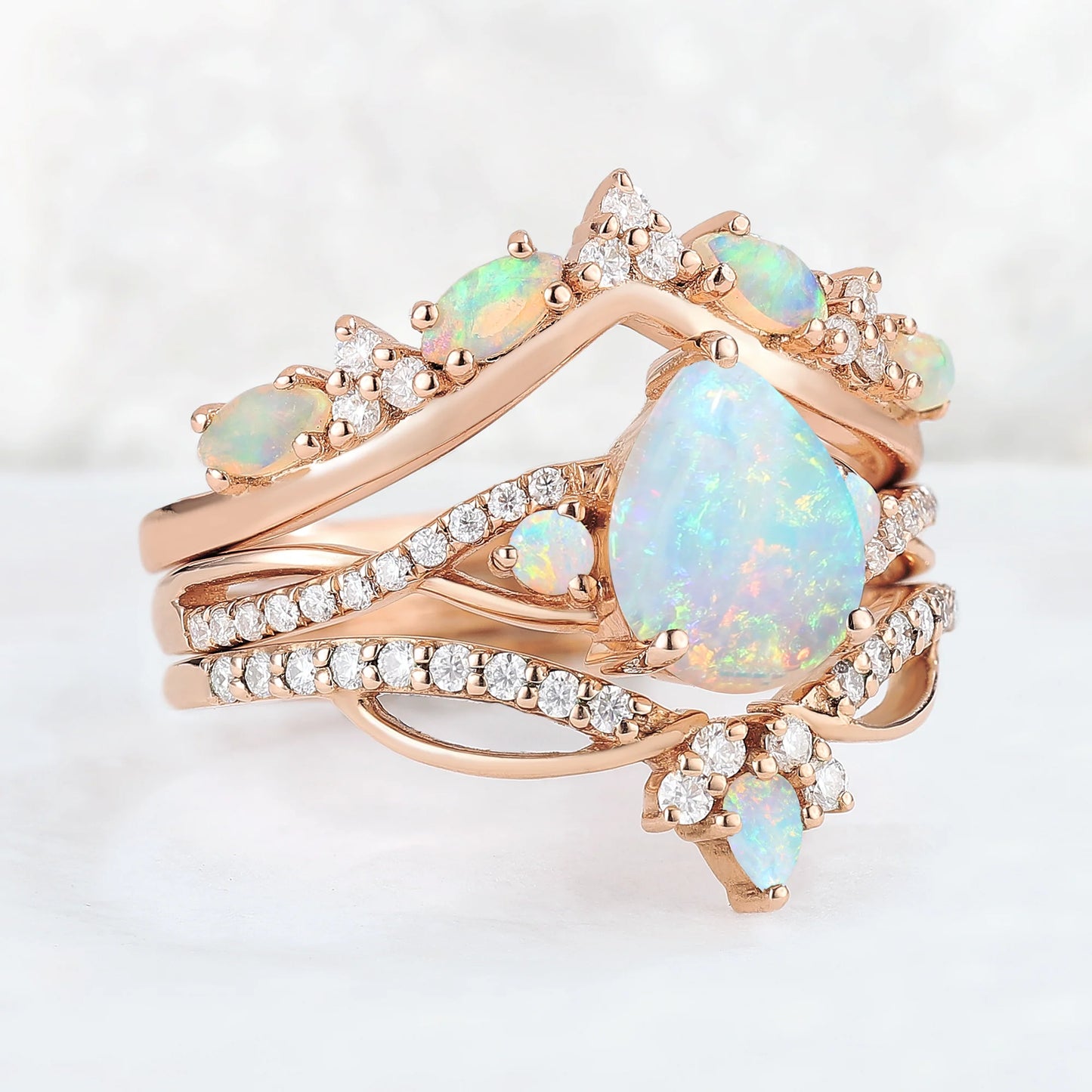 Unique Pear Cut Natural Opal Vine Ring Set 3pcs
