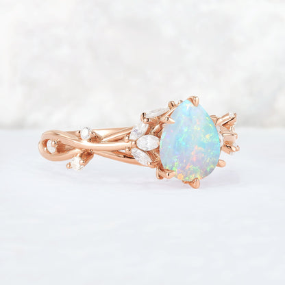 Unique Pear Cut Opal and Moissanite Vine Ring