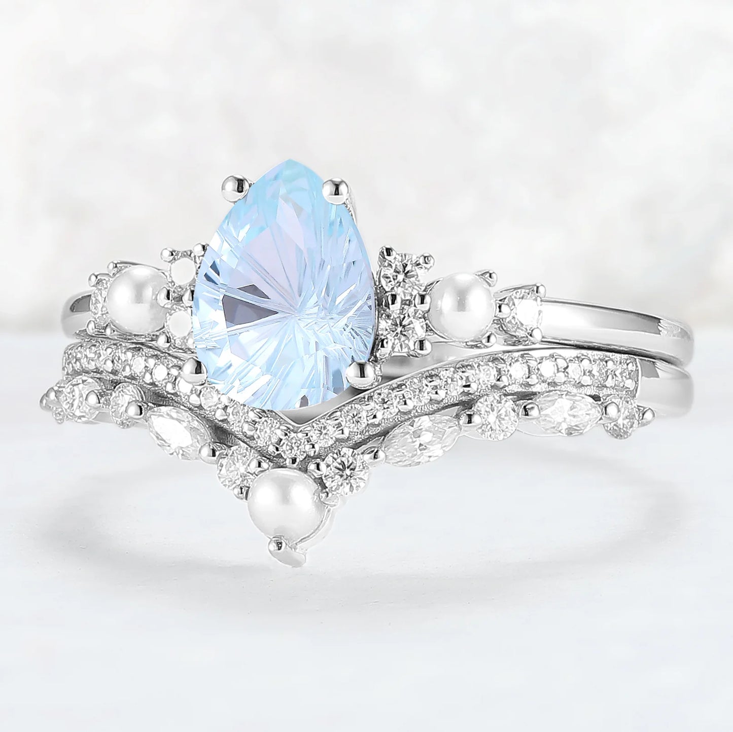 Unique Pear Shaped Fire Cut Aquamarine Cluster Gemstone Ring Set 2pc