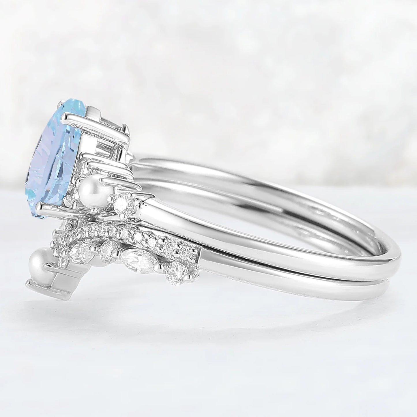 Unique Pear Shaped Fire Cut Aquamarine Cluster Gemstone Ring Set 2pc