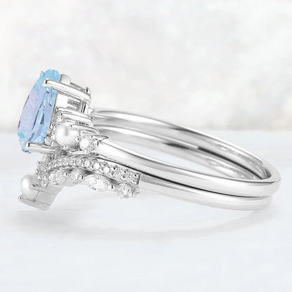 Unique Pear Shaped Fire Cut Aquamarine Cluster Gemstone Ring Set 2pc