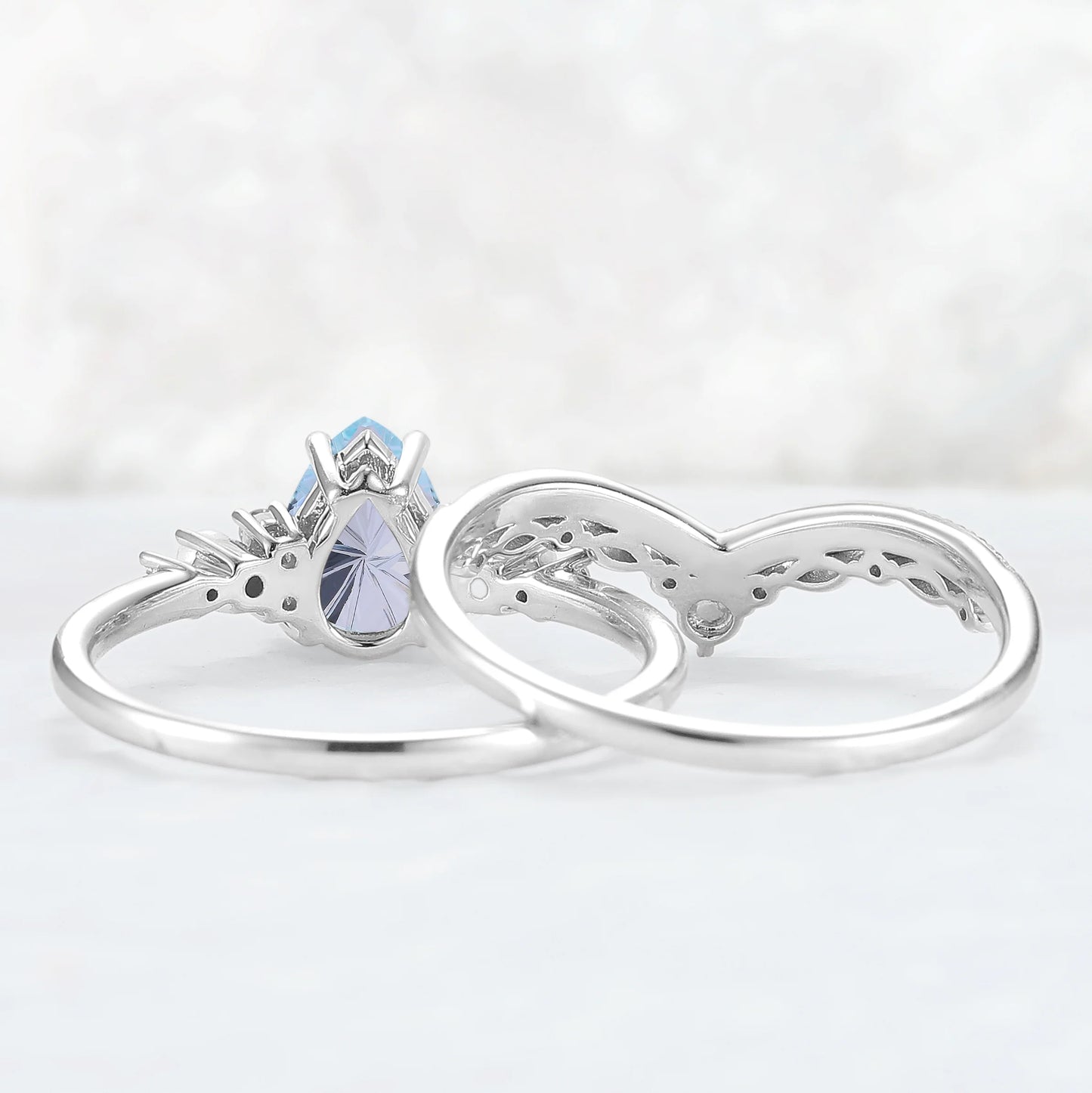 Unique Pear Shaped Fire Cut Aquamarine Cluster Gemstone Ring Set 2pc