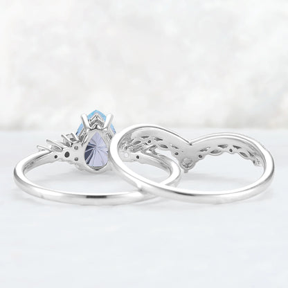 Unique Pear Shaped Fire Cut Aquamarine Cluster Gemstone Ring Set 2pc
