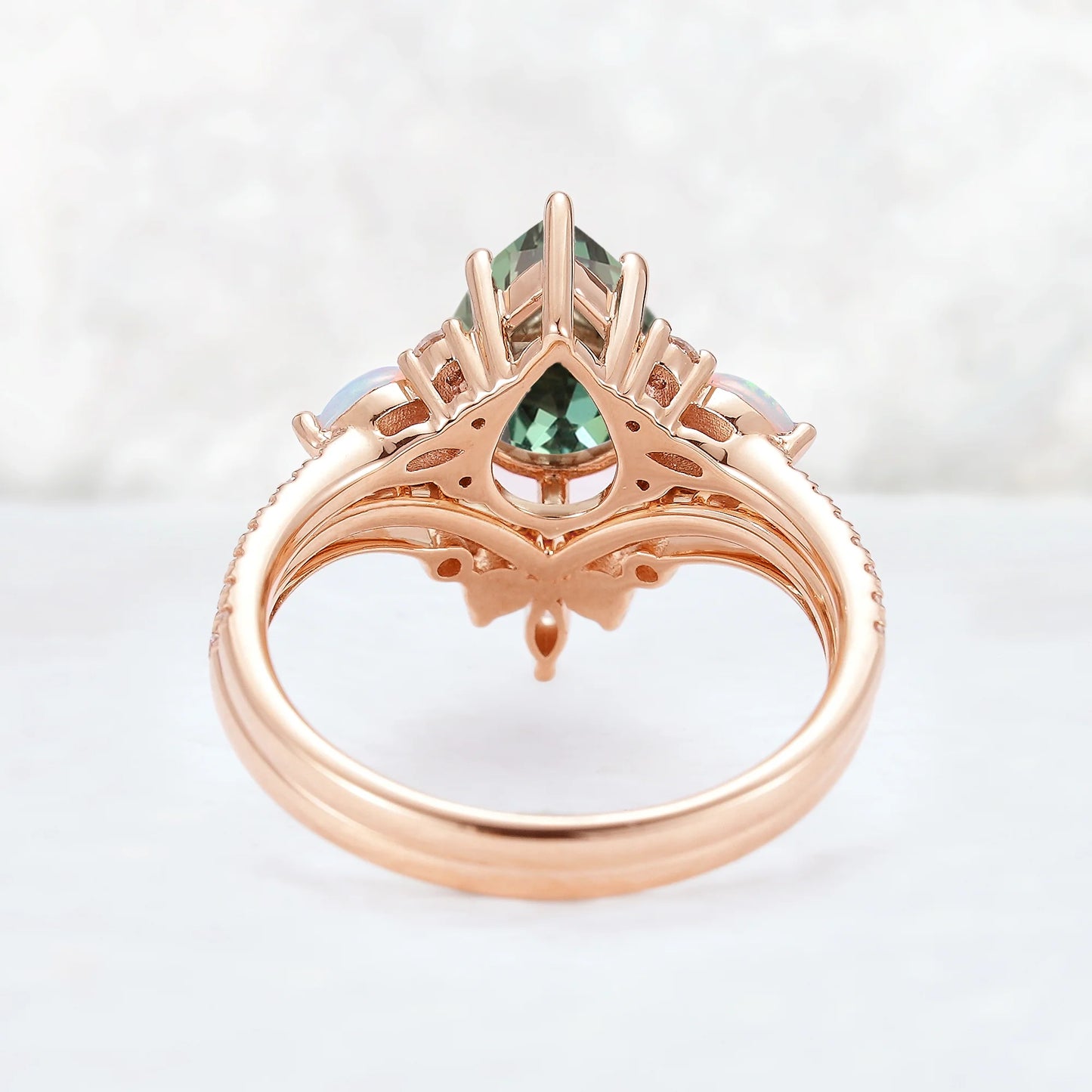 Unique Pear Shaped Green Sapphire Seven Gemstones Ring Set 2pcs