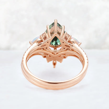 Unique Pear Shaped Green Sapphire Seven Gemstones Ring Set 2pcs