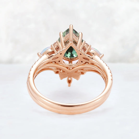 Unique Pear Shaped Green Sapphire Seven Gemstones Ring Set 2pcs