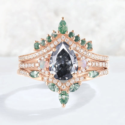 Unique Pear Shaped Grey Moissanite Half Enternity Gemstone Ring Set 3pcs