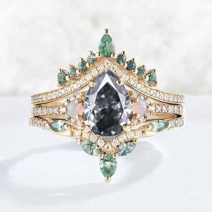 Unique Pear Shaped Grey Moissanite Half Enternity Gemstone Ring Set 3pcs