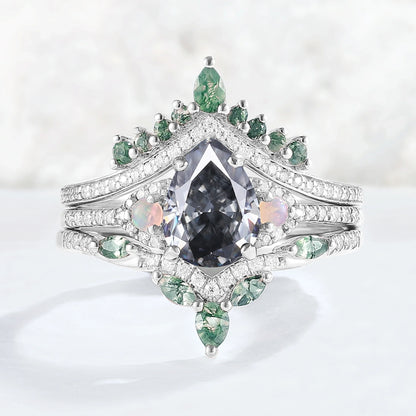 Unique Pear Shaped Grey Moissanite Half Enternity Gemstone Ring Set 3pcs