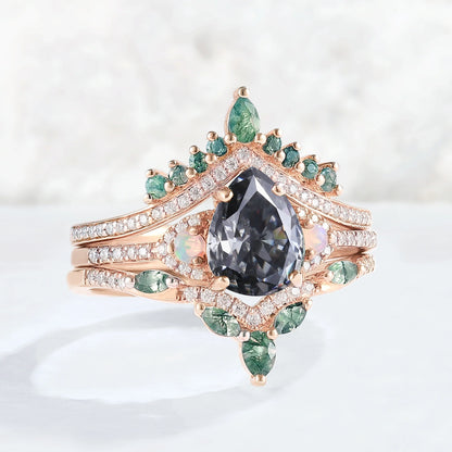 Unique Pear Shaped Grey Moissanite Half Enternity Gemstone Ring Set 3pcs