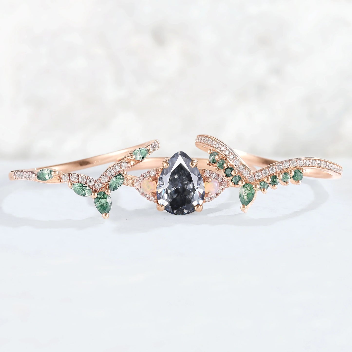 Unique Pear Shaped Grey Moissanite Half Enternity Gemstone Ring Set 3pcs