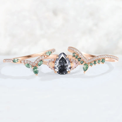Unique Pear Shaped Grey Moissanite Half Enternity Gemstone Ring Set 3pcs