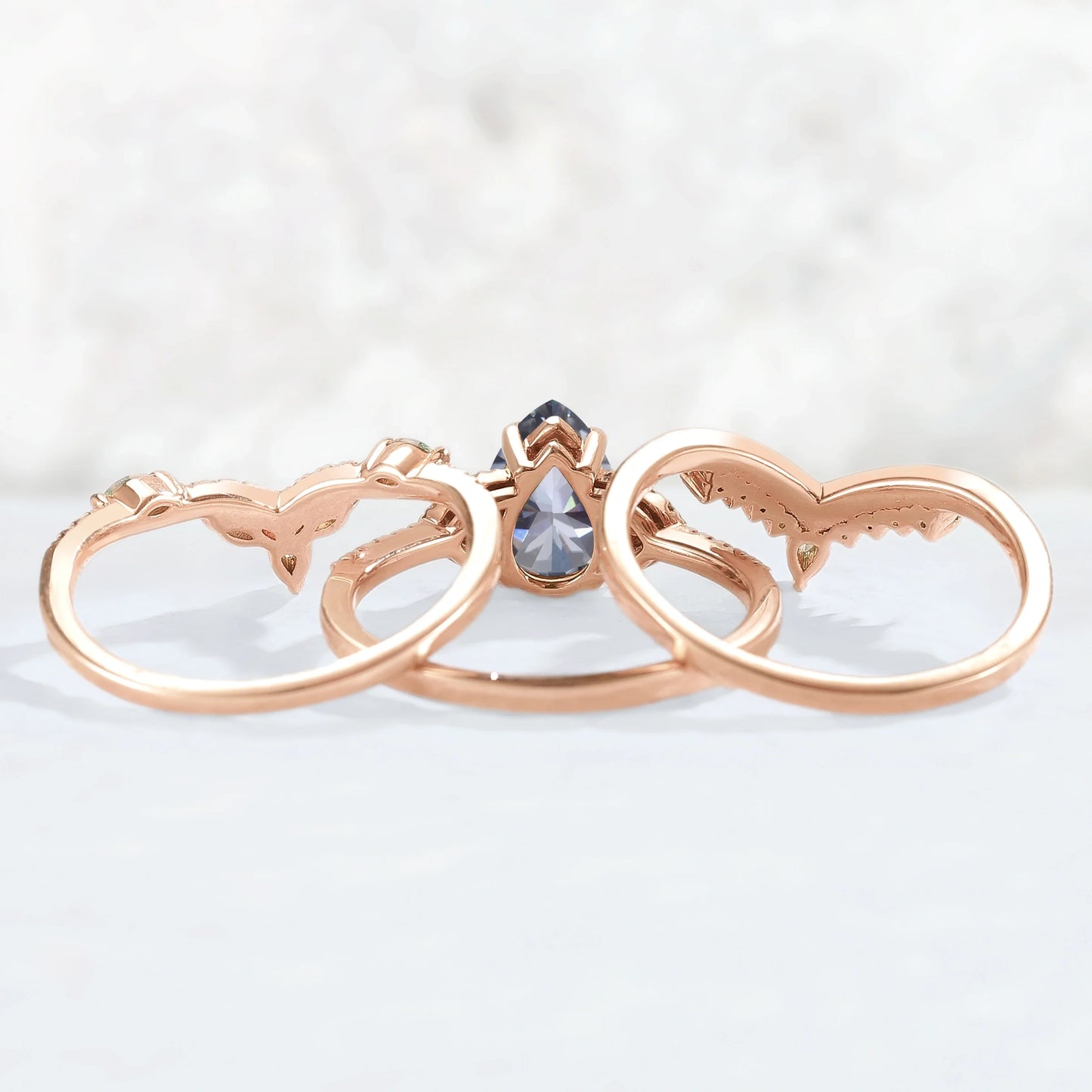 Unique Pear Shaped Grey Moissanite Half Enternity Gemstone Ring Set 3pcs