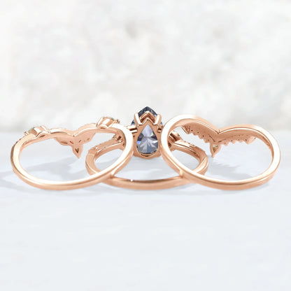 Unique Pear Shaped Grey Moissanite Half Enternity Gemstone Ring Set 3pcs
