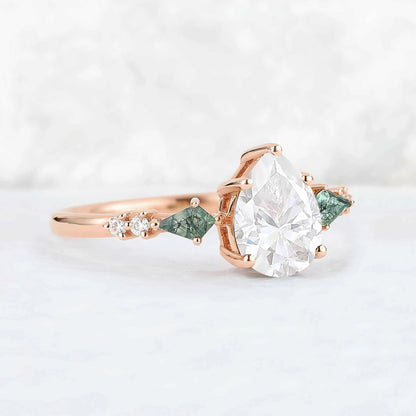 Unique Pear Shaped Moissanite Cluster Gemstone Ring