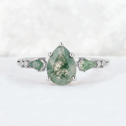 Unique Pear Shaped Moss Agate Cluster Gemstone Ring