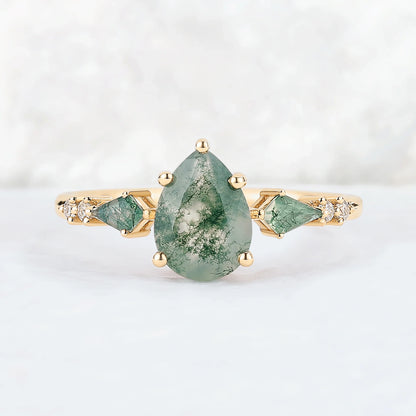 Unique Pear Shaped Moss Agate Cluster Gemstone Ring