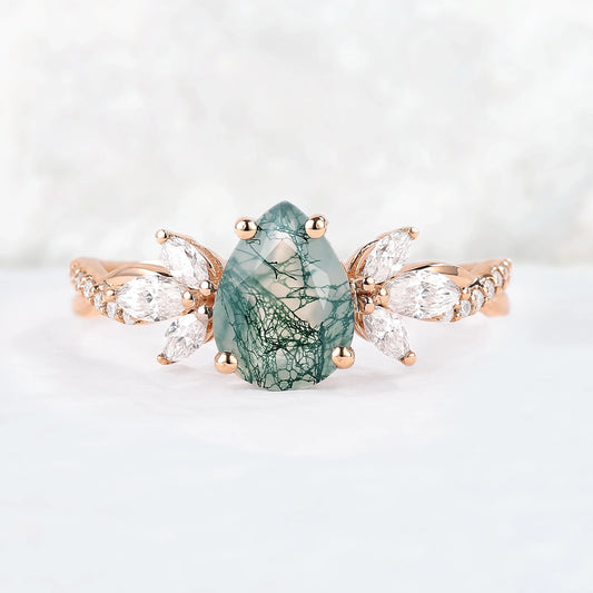 Unique Pear Shaped Moss Agate Vine Art Decor Ring